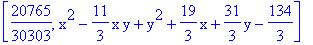 [20765/30303, x^2-11/3*x*y+y^2+19/3*x+31/3*y-134/3]